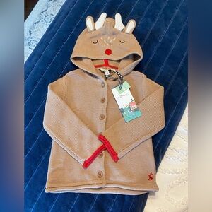 Joules Holiday Reindeer Hooded Crochet Baby/Toddler Sweater Cardigan